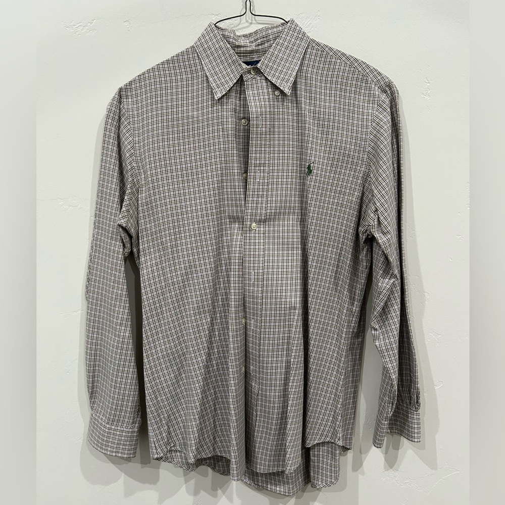 Men’s Ralph Lauren Button Down Shirt, Lavender and Olive Plaid, Size Medium